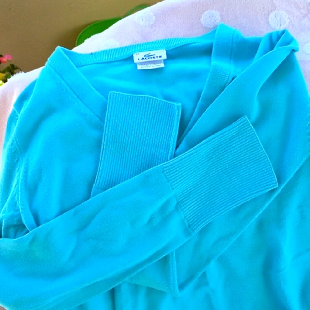 Lacoste Logo blue women v neck sweater size  40 med robin egg blue